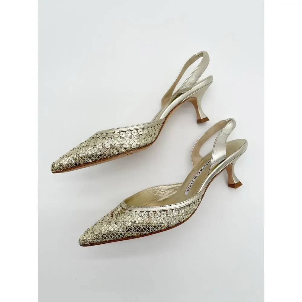 Manolo Blahnik Carolmour Gold Leather Sequin Pointed Toe Slingback Heels IT 35.5